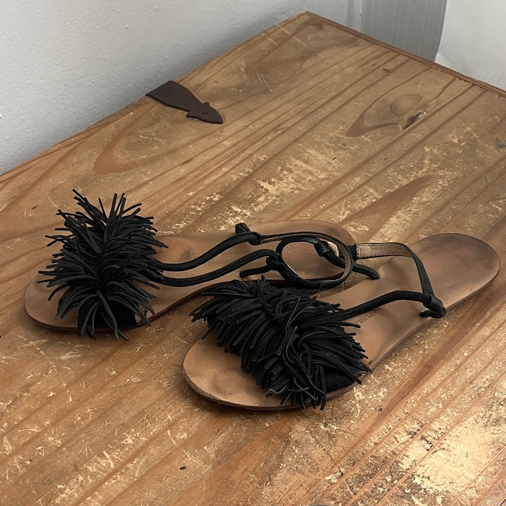 Black Fringe Leather Riley Sandals - vintage Banana Republic